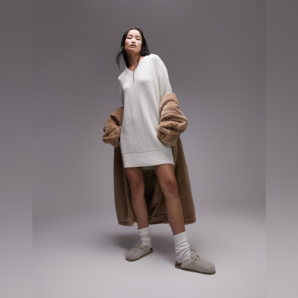 (12-NWOT) $78|TopShop (Asos) Knitted Vneck Mini Dress, Cream
